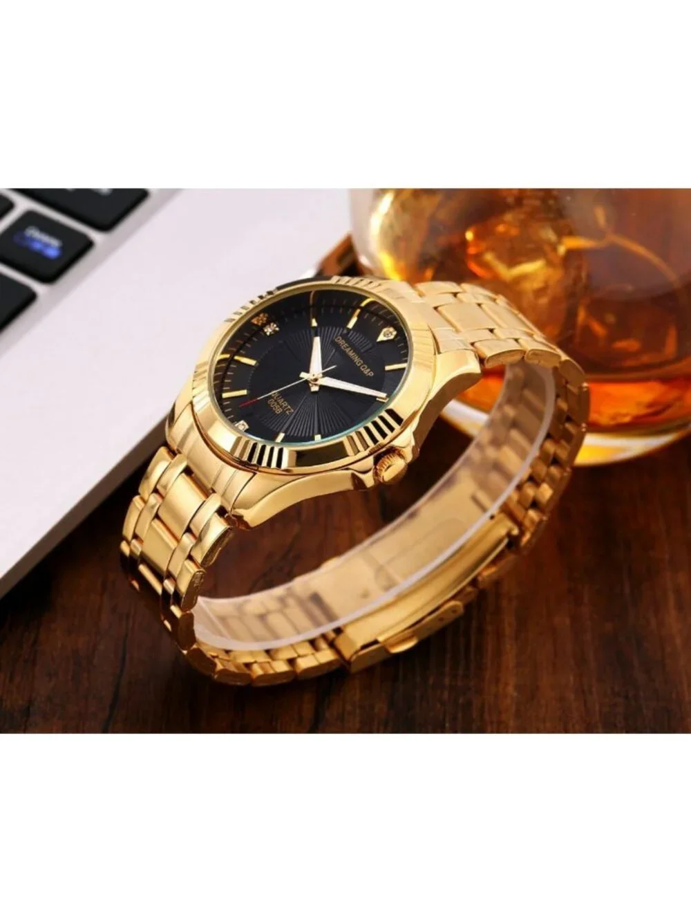 Classic Gold Stainless Steel Men's Wrist Watch with Crystals - Stylish & Elegant